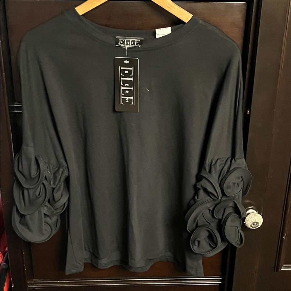 Bobeau Black Long Sleeve Top with Ruffle Detail